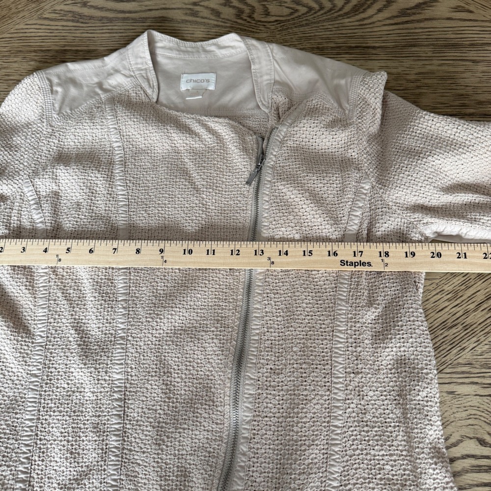 Chicos Beige Mesh Textured Lattice Asymmetrical Moto Jacket Tan Size 1 Medium - Picture 8 of 13